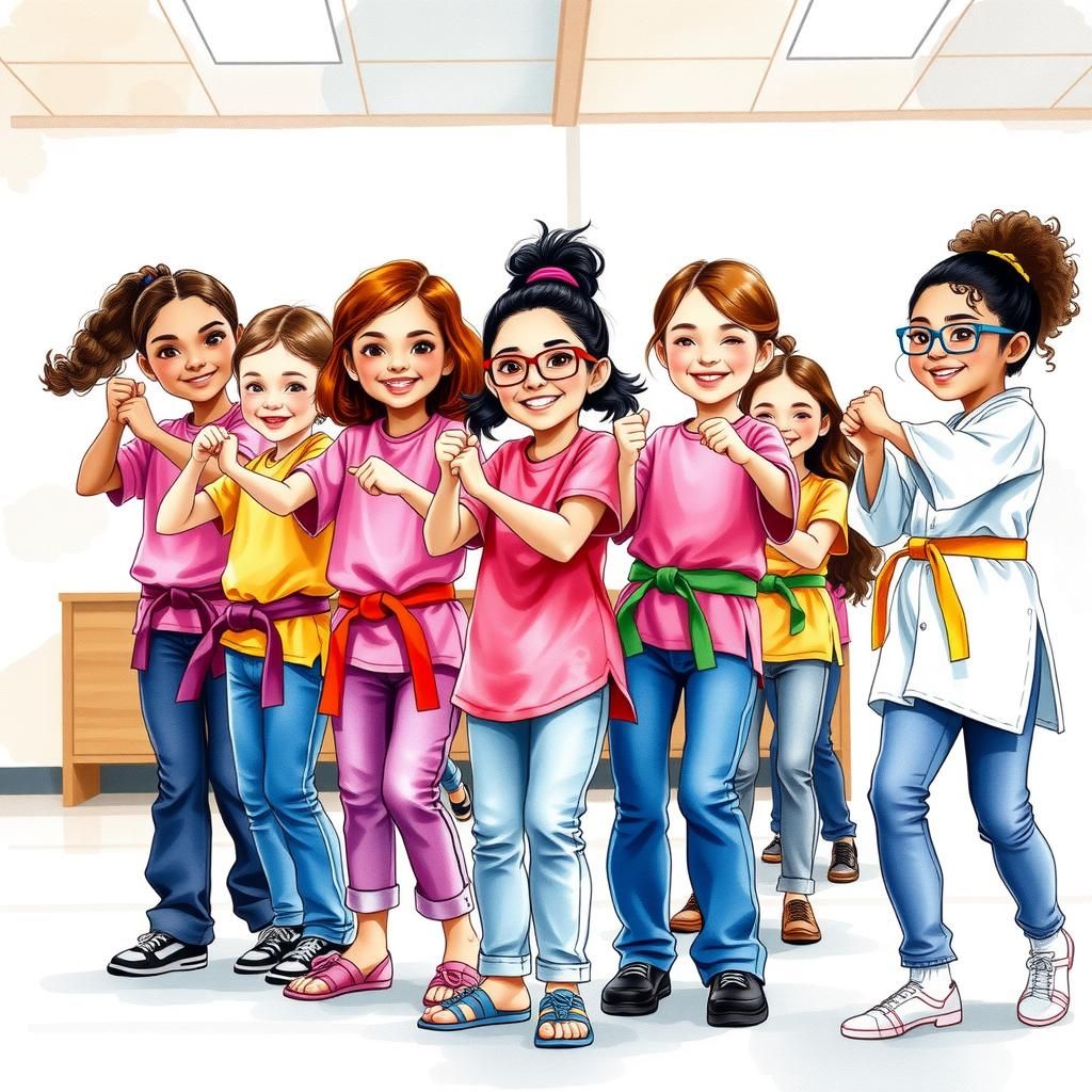Girls' Self-Defense Class: Watercolor Illustration of Joyful...