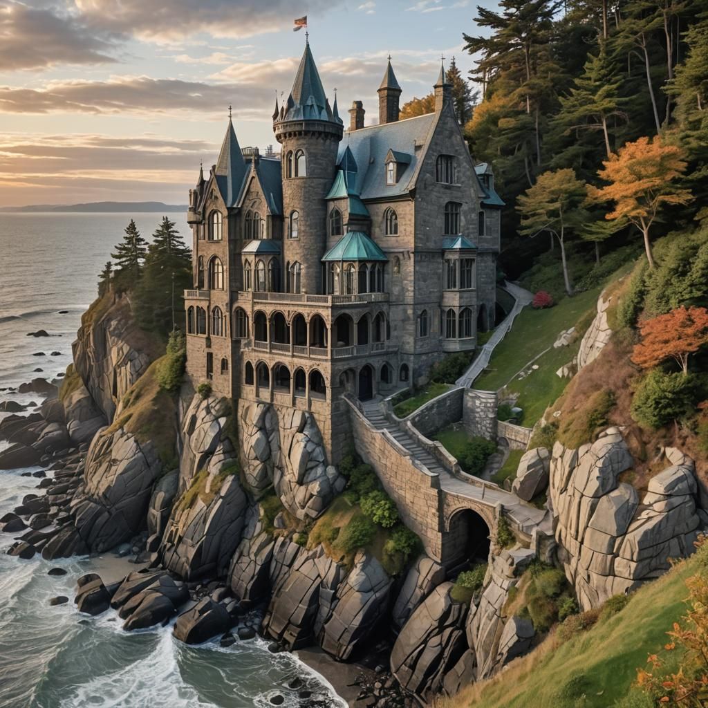Gothic Mansion on Rocky Cliff at Sunrise