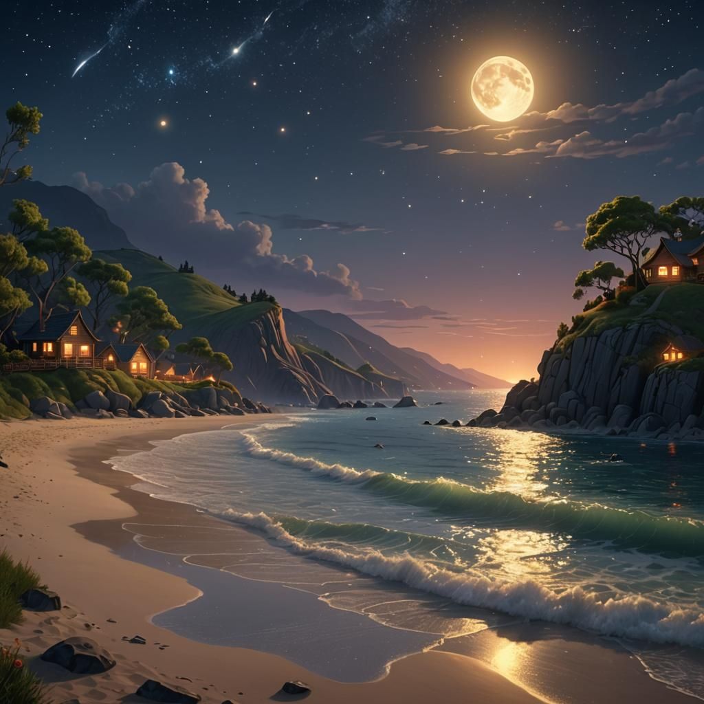 Enchanting Summer Beach at Night: 3D Digital Art