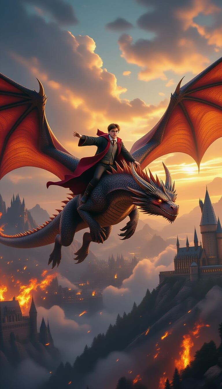 Dragon Rider Soaring Through a Fiery Sky