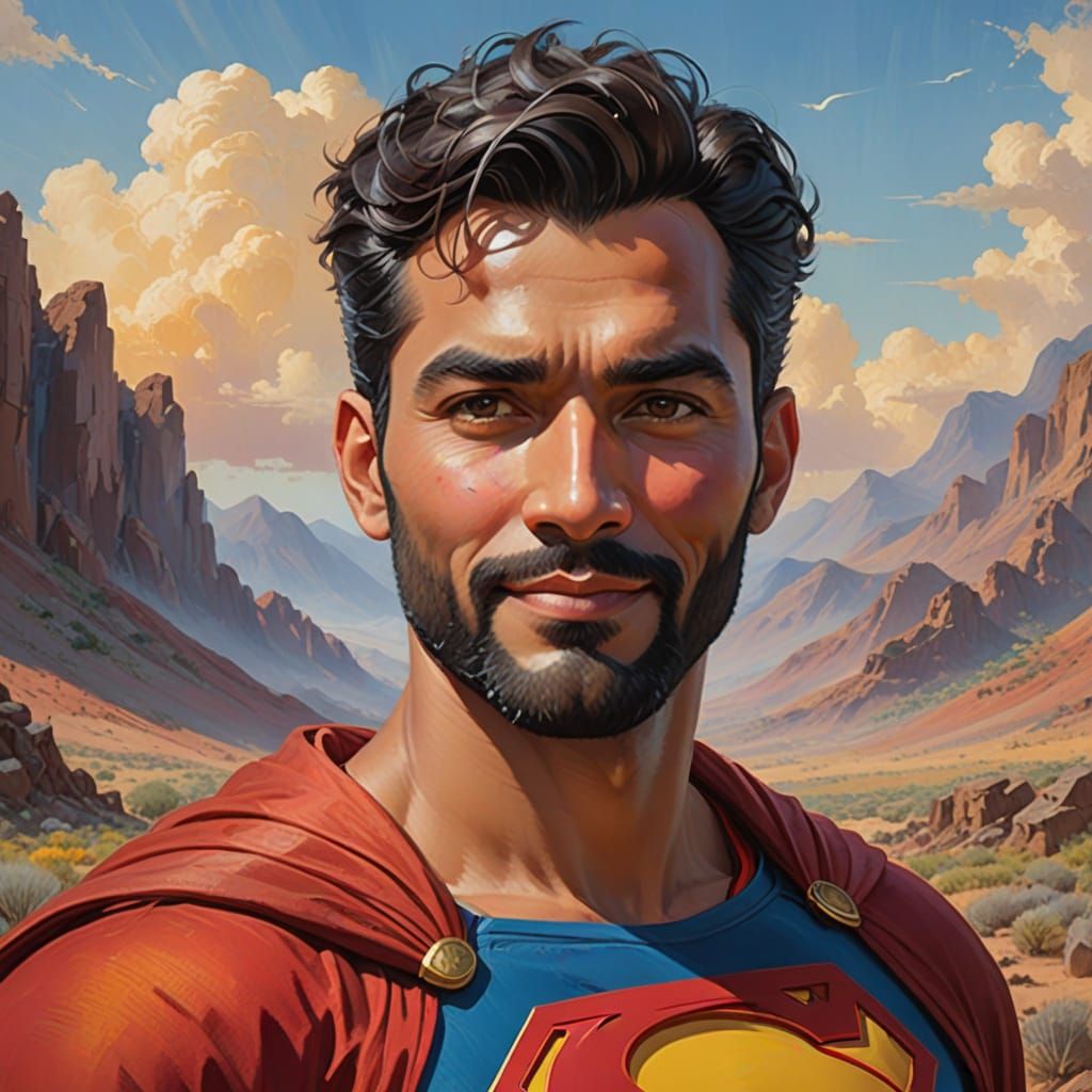 Heroic Bearded Superman in Velvet Cape