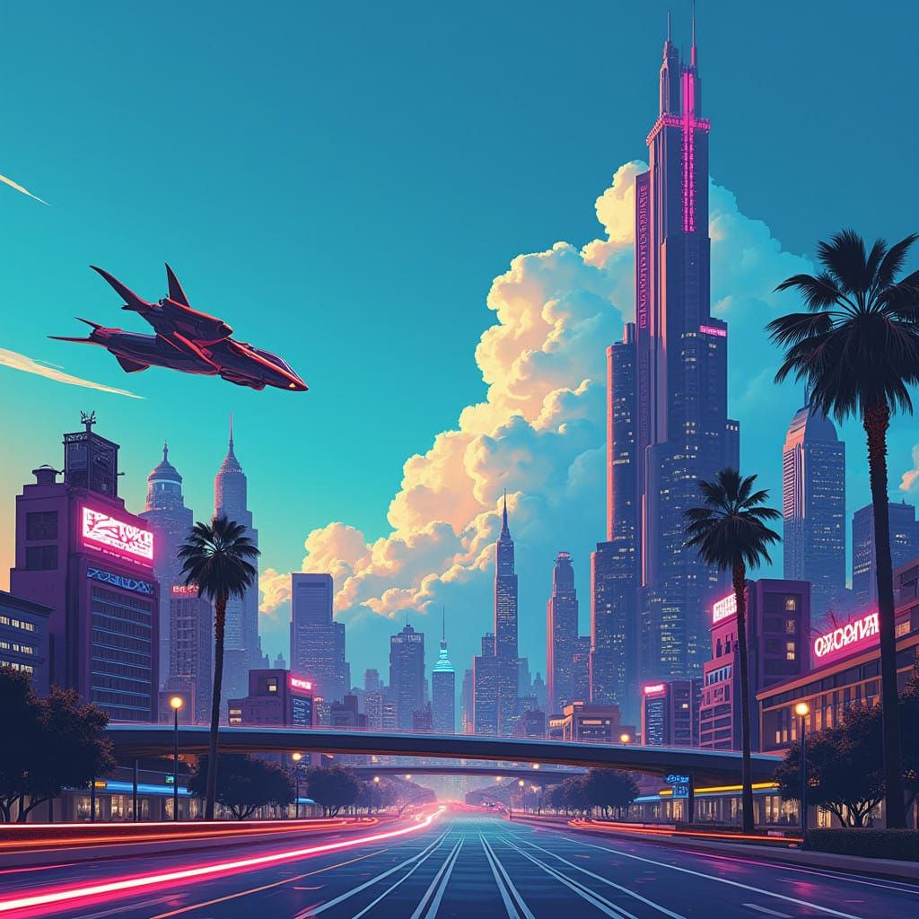 Retro-Futuristic Metropolis at Dusk in a Vibrant 4K Landscap...
