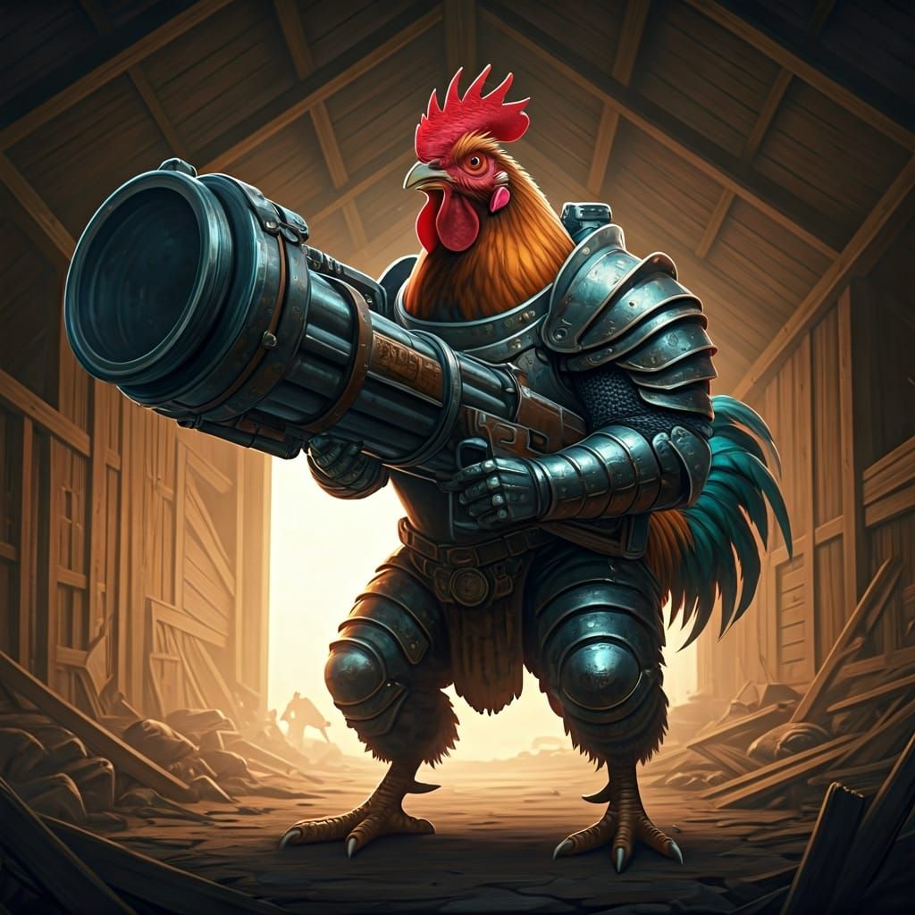 Furious CGI Warrior Rooster in Cyberpunk Battlefield