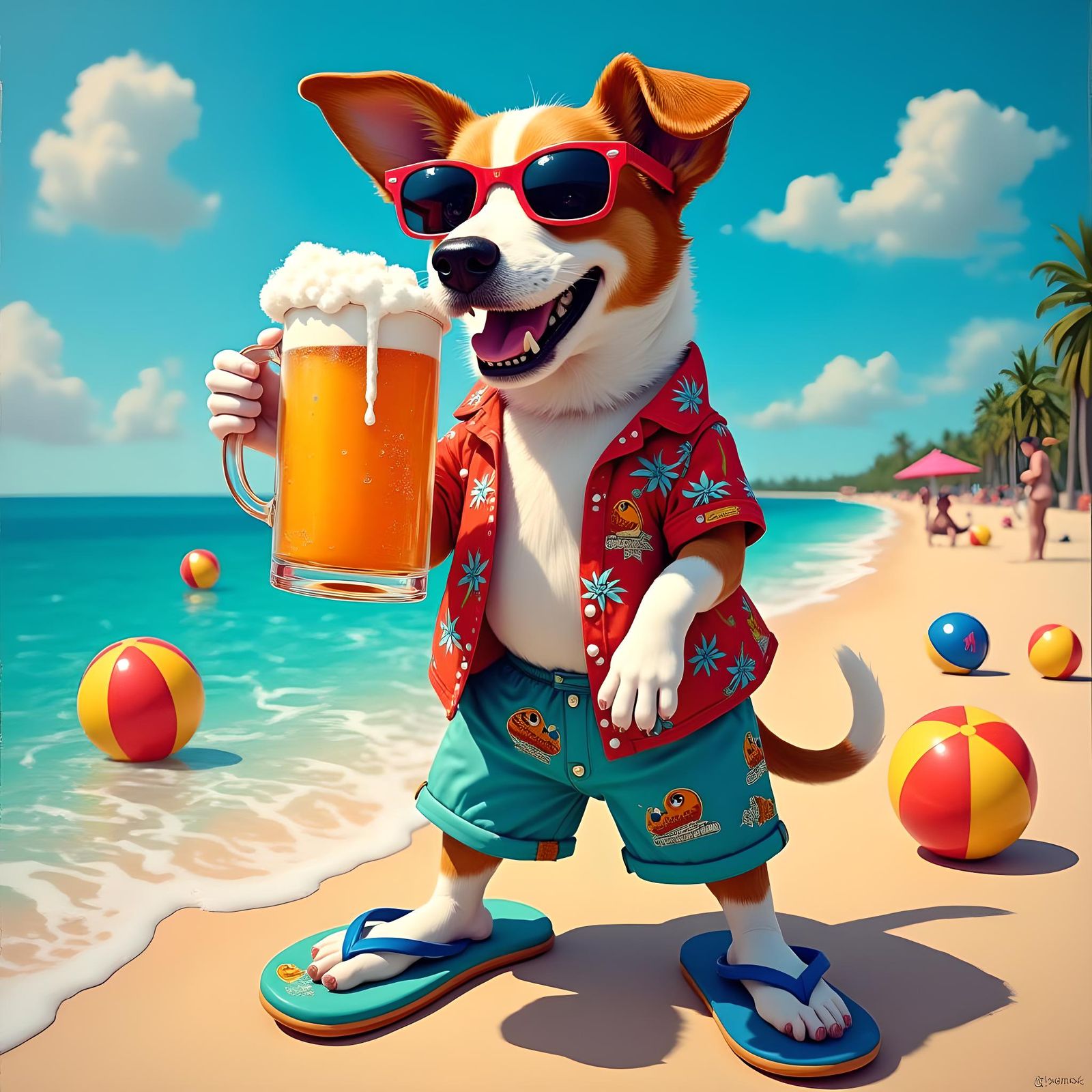 Dog Drinks Beer Wearing Flip-Flops