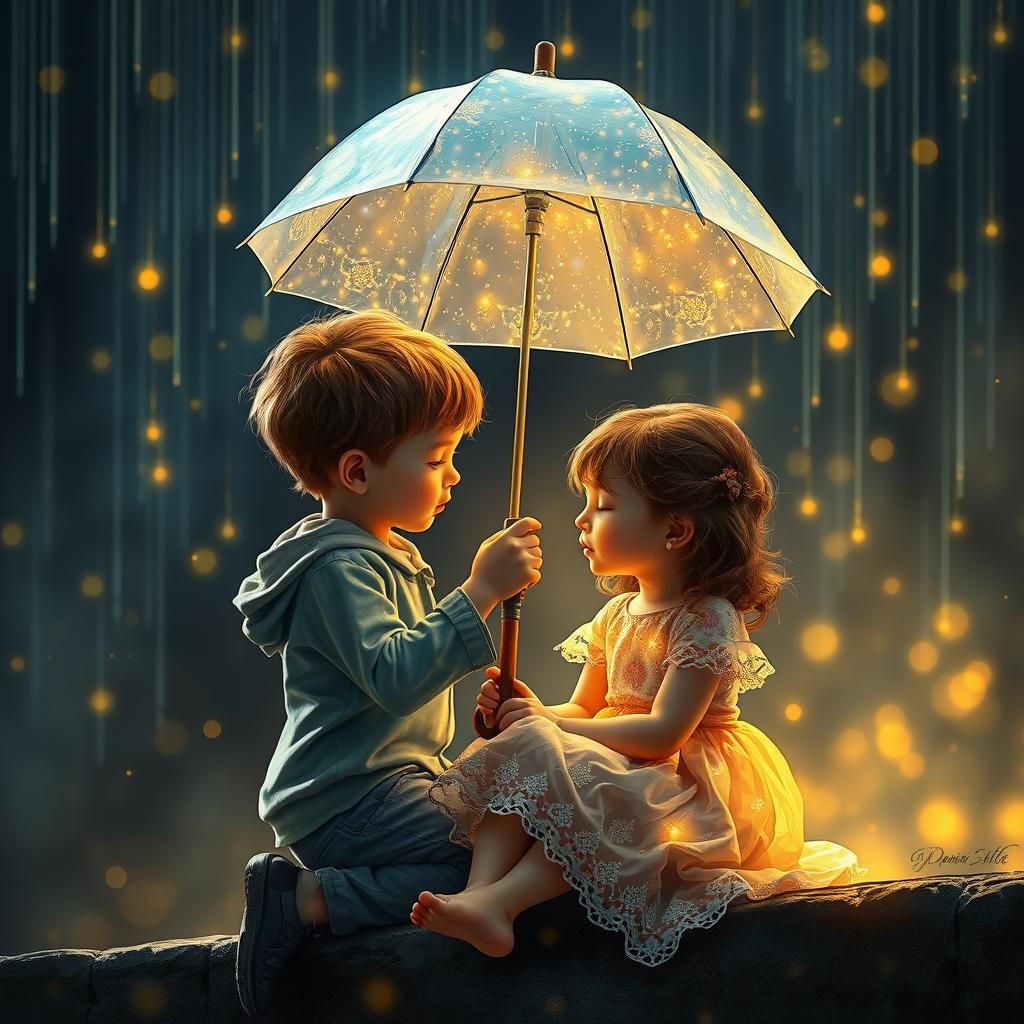 Children in Sparkling Rain: Surreal Digital Art
