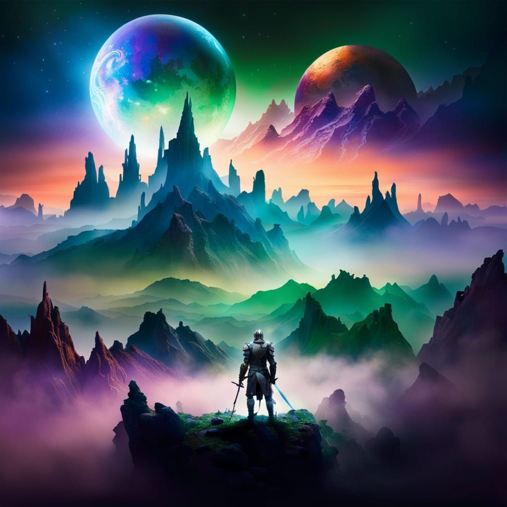 Knight on Hill Gazing at Mystical Mountain Sunset