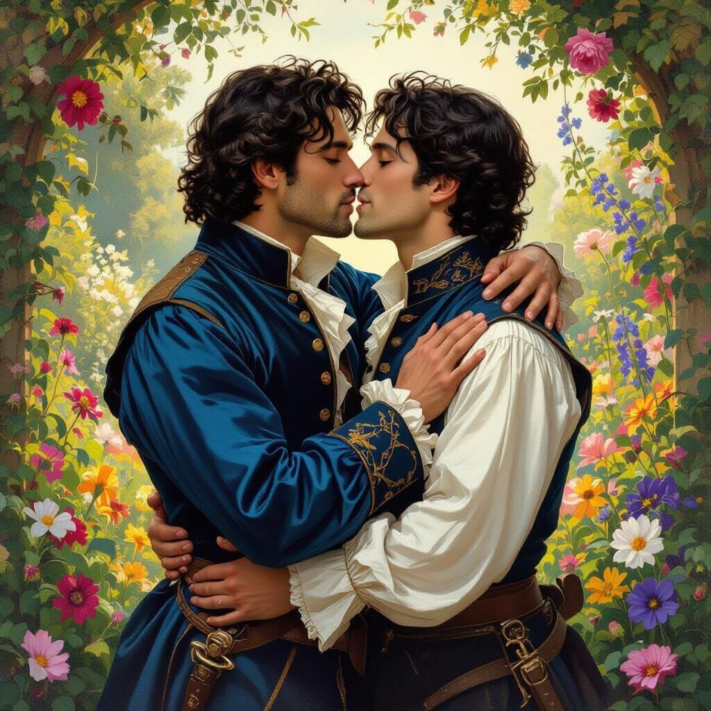 Men in Renaissance Attire Embracing in Garden
