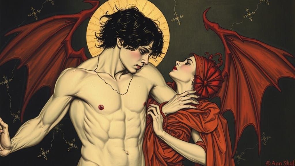 Dark Romantic Figure Embracing a Captive in a Dreamlike Scen...