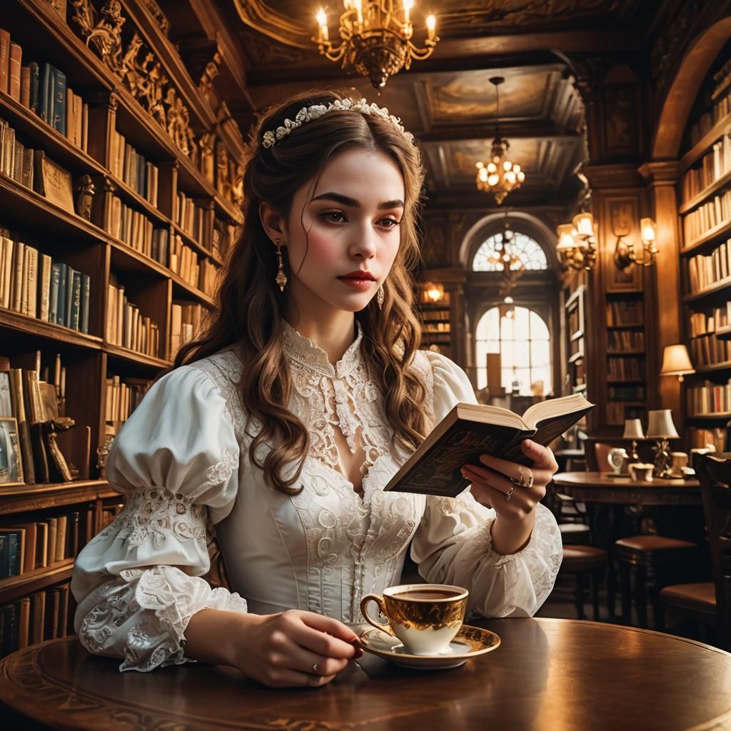 Ghostly Girl Reading in Baroque Cafe