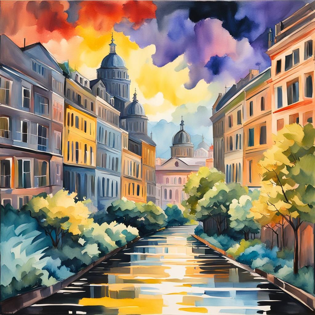 Gouache Landscape: Science City in Light and Shadow