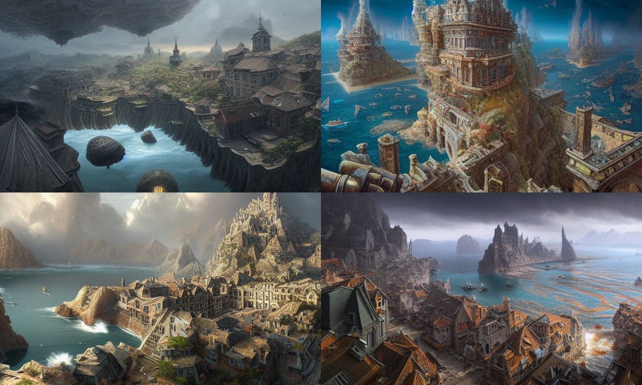 Surreal Oceanside Town Inspired by Escher in 8k