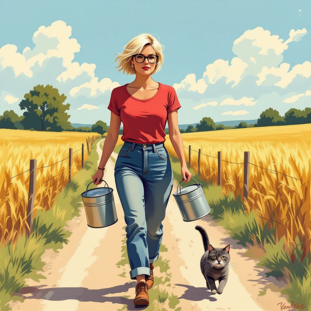 Woman with Cat on Country Road, in Contour Style