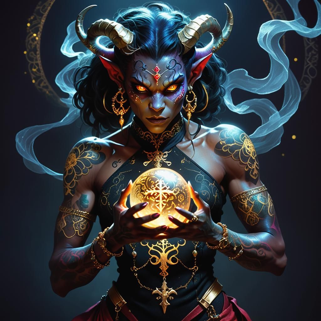 Muscular Tiefling with Crystal Ball in Cosmic Setting