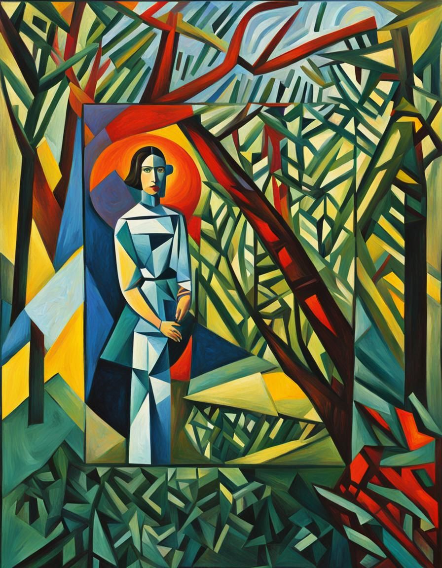 Cubist Woman in Forest: Geometric Fauvist Expressionism