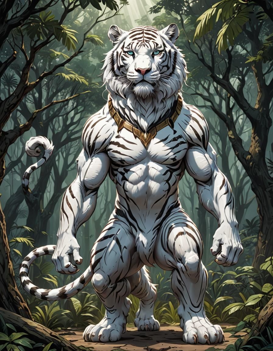 Anthropomorphic White Tiger-Lion Hybrid in Comic Book Art