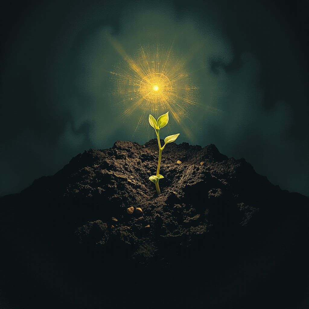 Seedling Emerges from Dark Earth, Symbolizing Hidden Potenti...