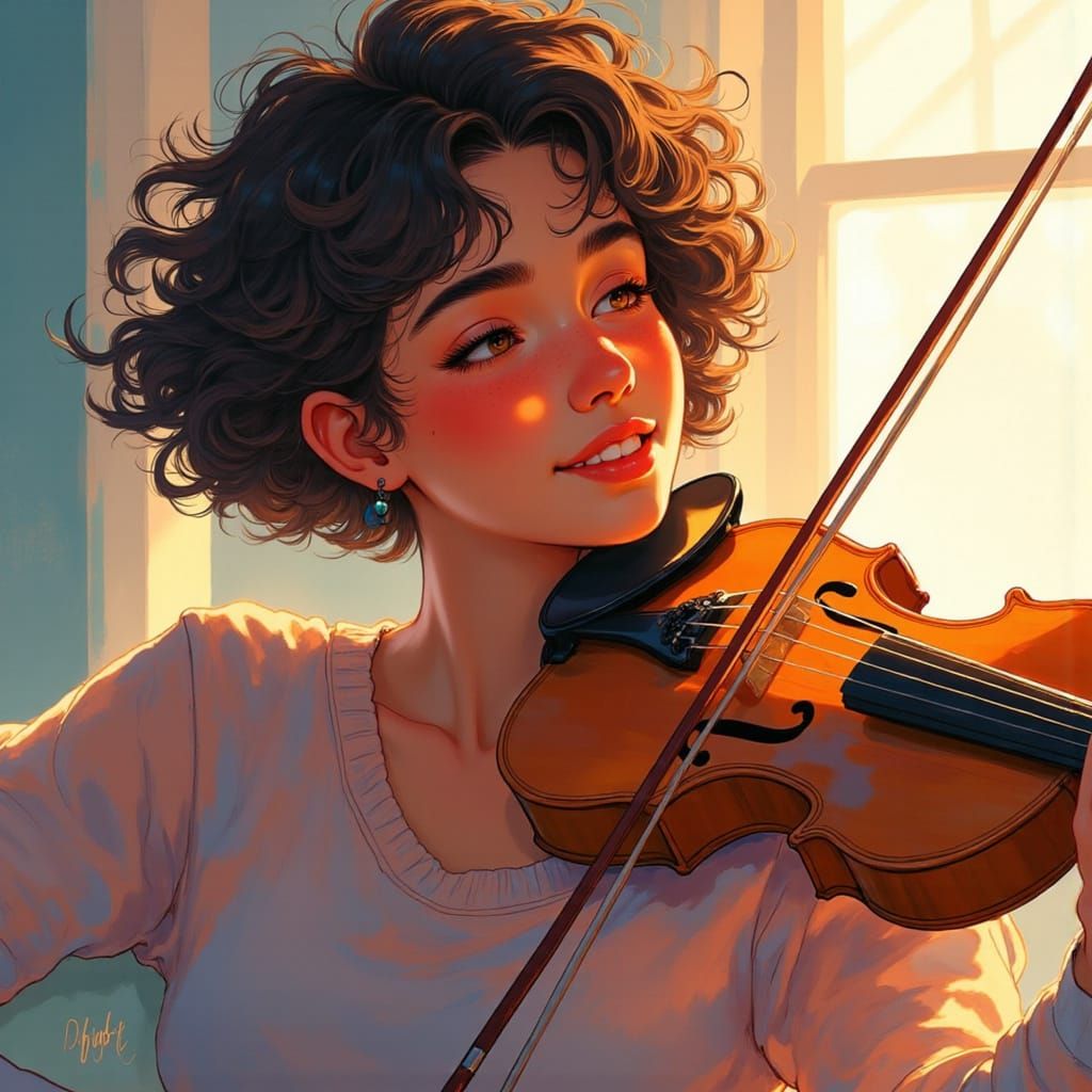 Joyful Queer Woman Learning Violin in Golden Light