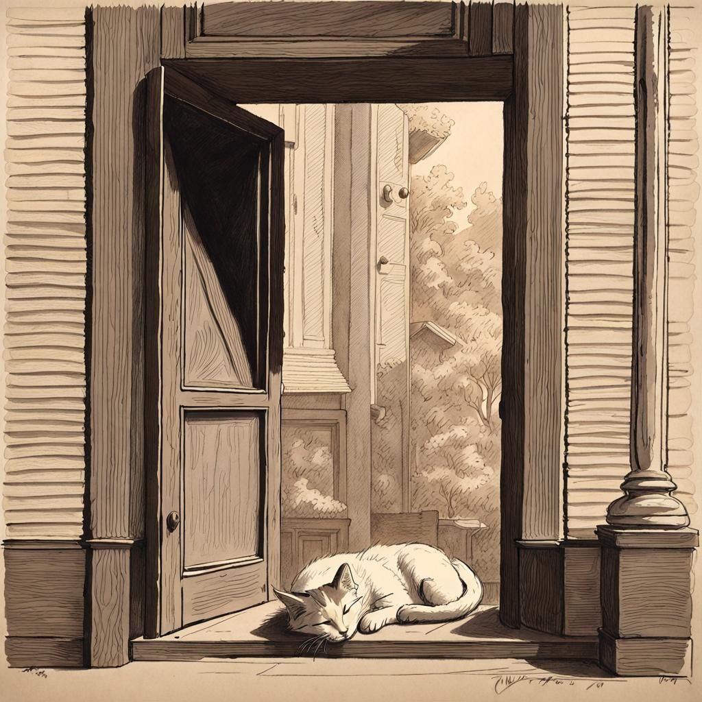 Cat Nap: Hudson River School Ink Drawing