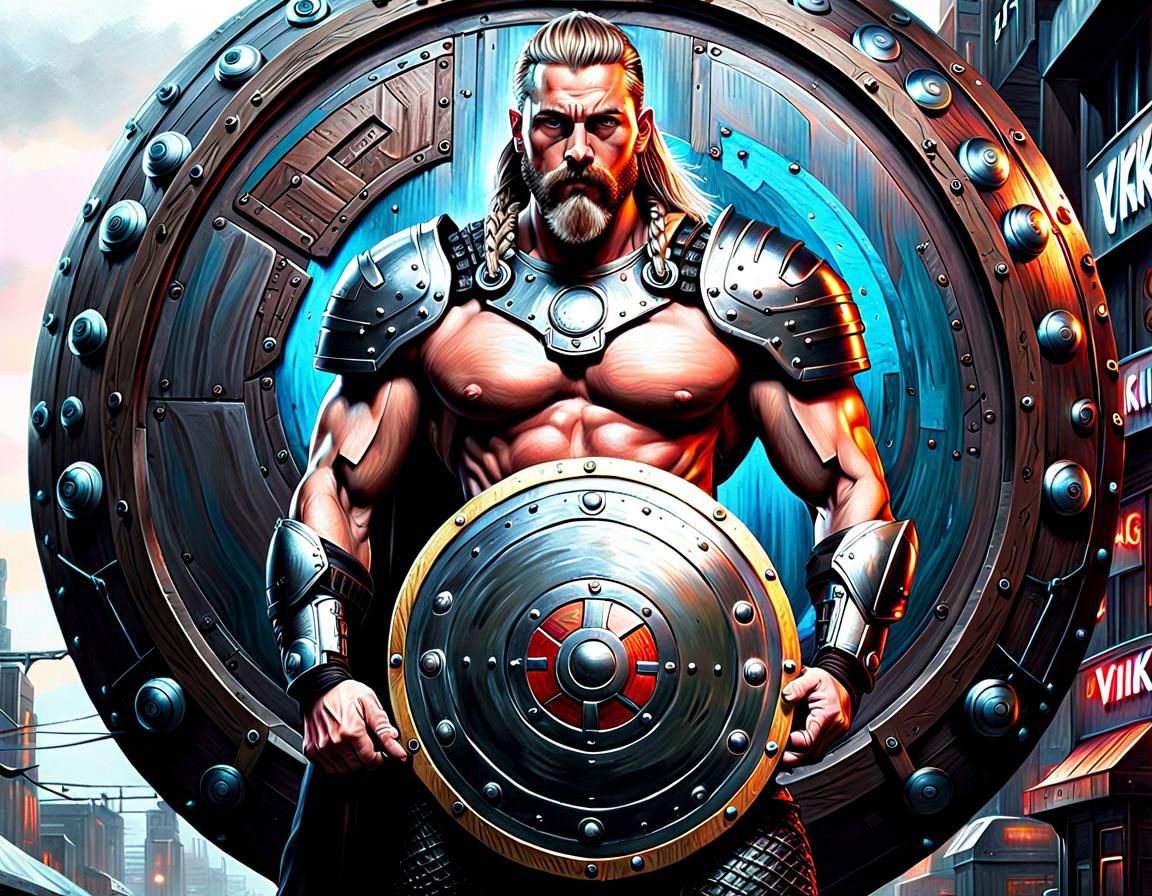 Cyberpunk Viking Warrior with Technological Shield