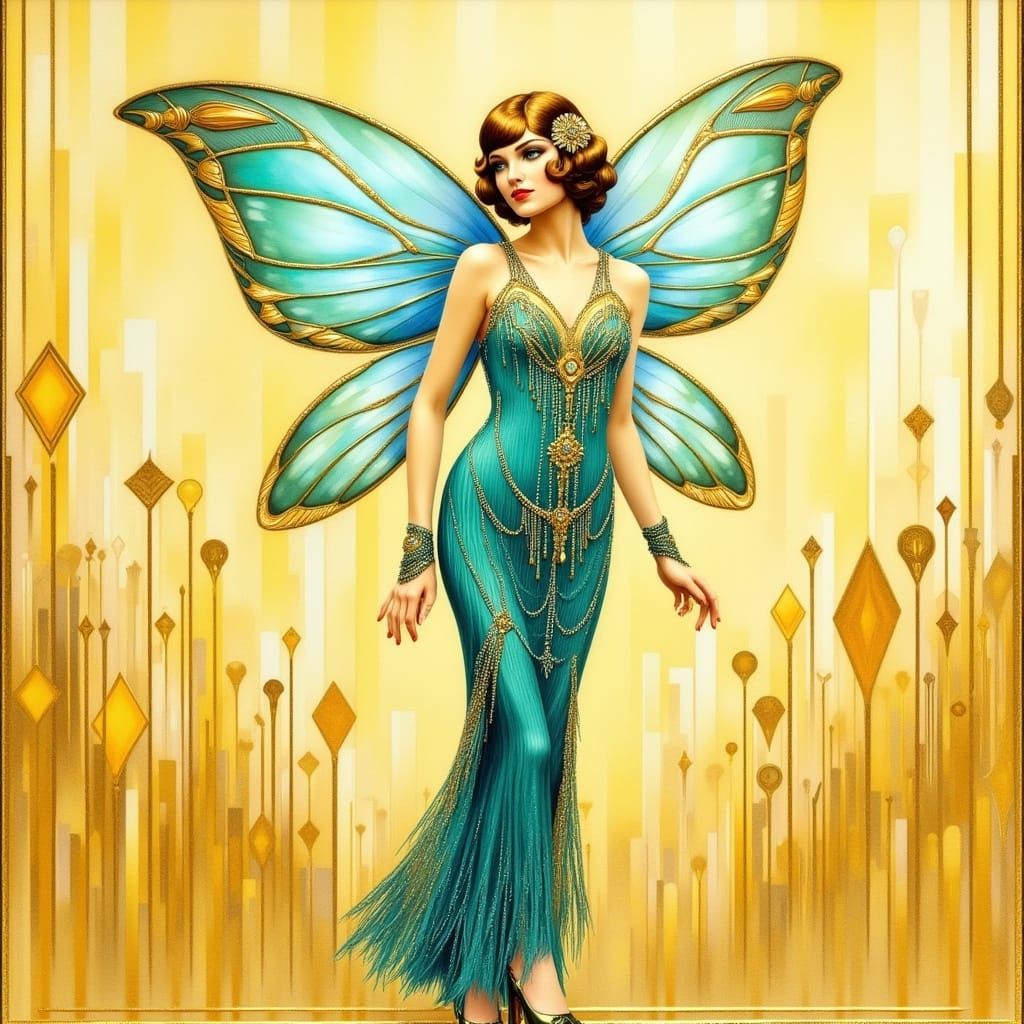 line and wash scribble of a whimsical fairy with aqua wings ,aqua sequin flapper dress with gold high heels ,gold splash...