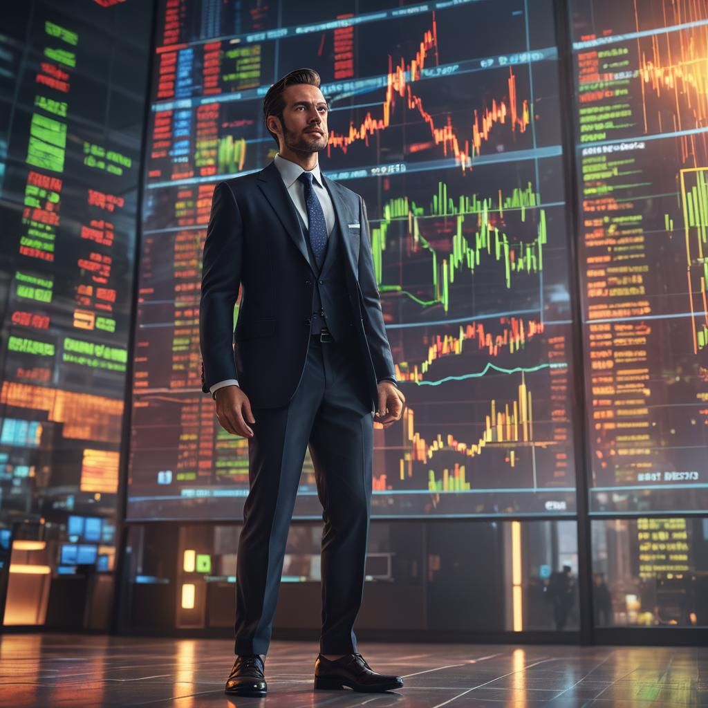 Triumphant Businessman in Front of Stock Market Screen