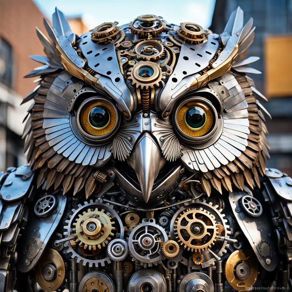 Mechanical Owl Close-Up: Steampunk Robot Bird