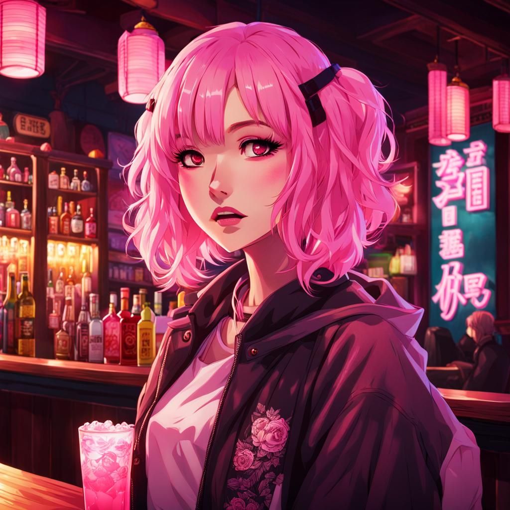 Anime Girl in Japanese Bar with Pink Lighting