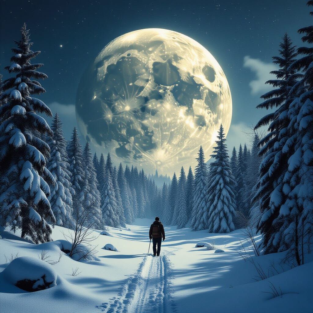 Giant Moon Over Magical Forest - Cinematic Film Still