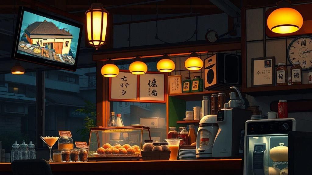 Japanese Coffee Shop at Night with Food Display