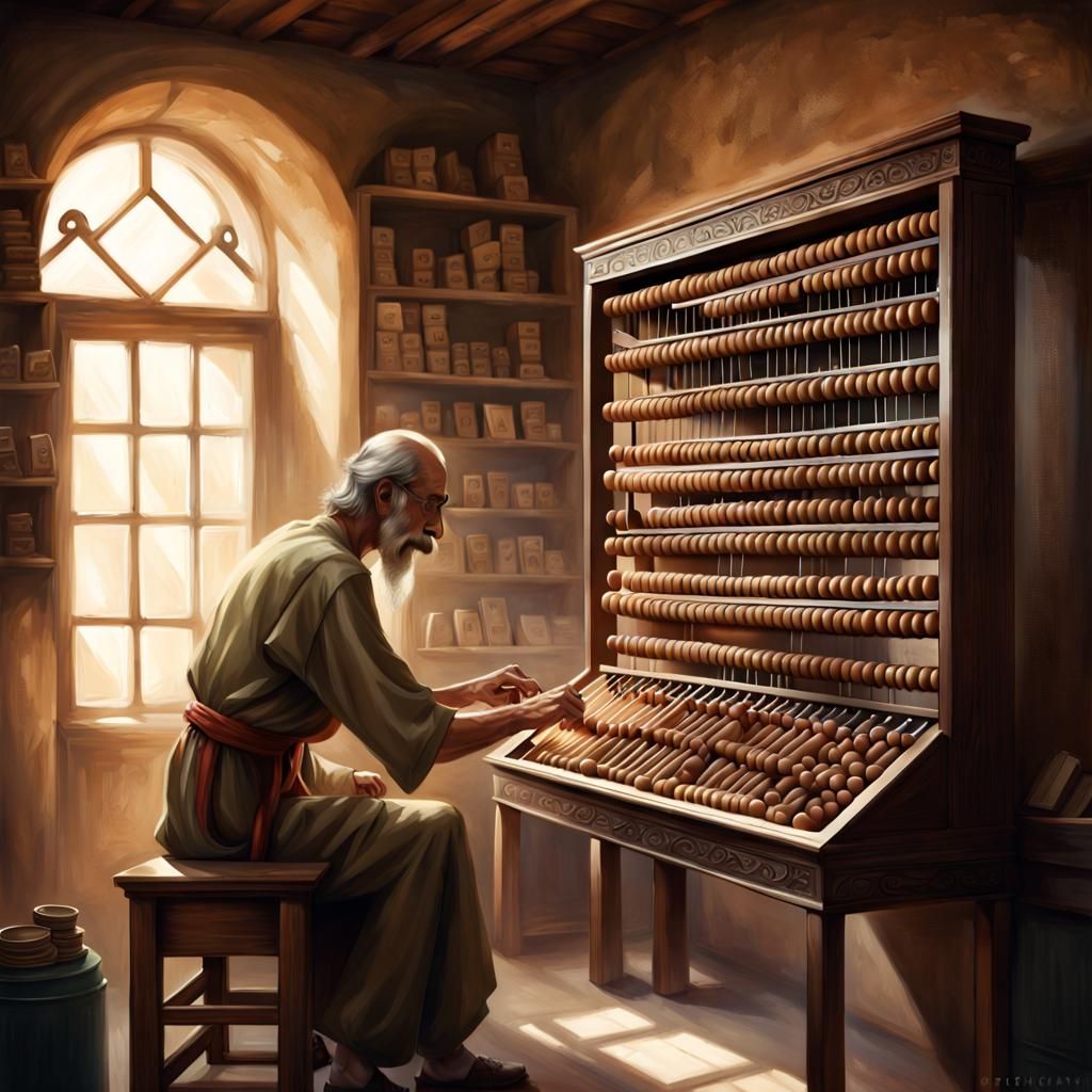 Ancient Man with Abacus in Dusty Pharmacy