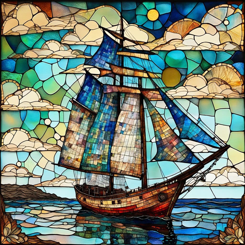 Very old Stained Glass Sailing-Ship.