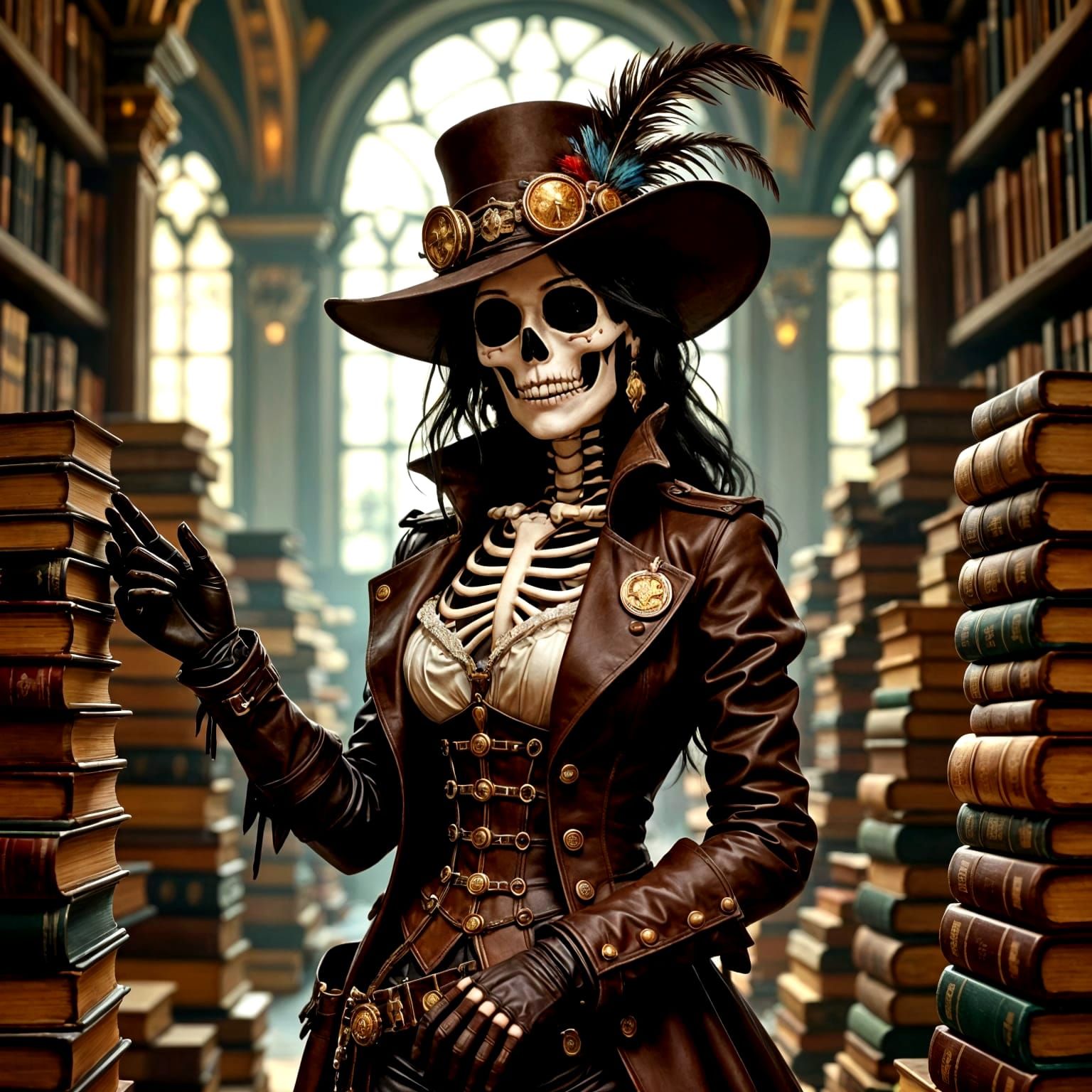 Steampunk Skeleton Adventurer in Anime Art Nouveau Style