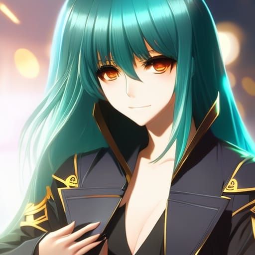 Anime Woman with Sky Blue Hair in Bar