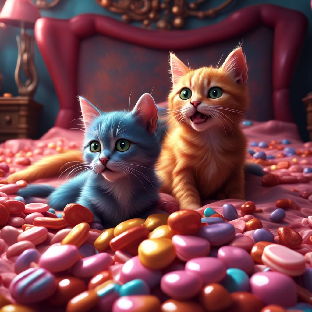 Kittens Licking Candy Bed: Fantasy Concept Art