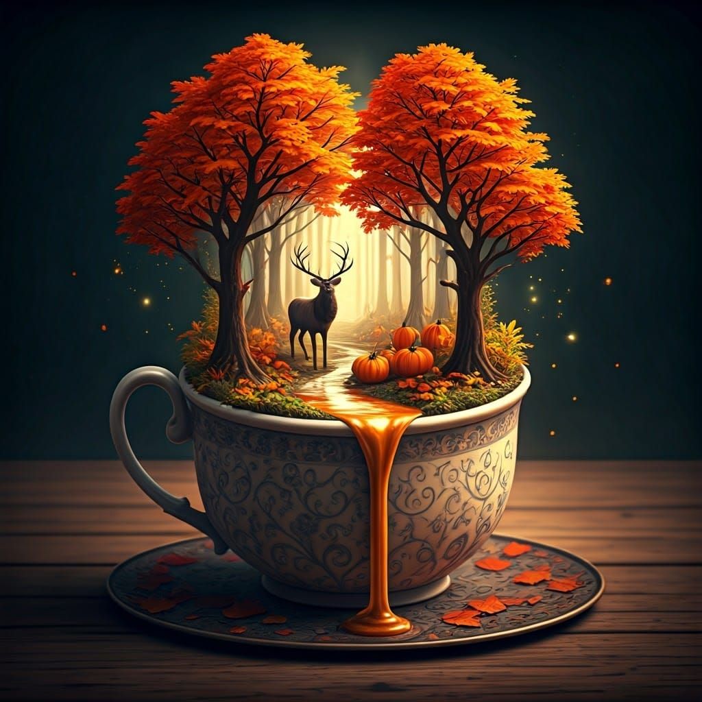 Autumn Forest in Mug with Flowing Cocoa River