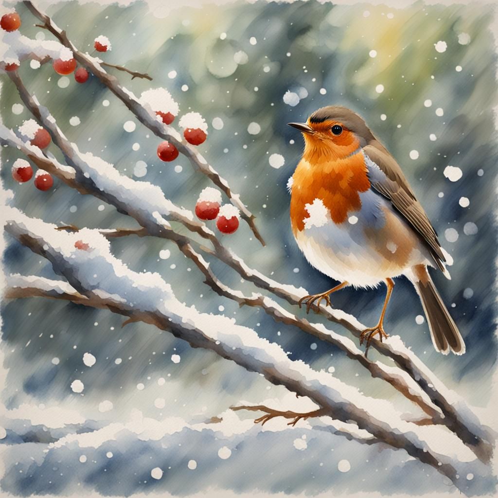 Robin on Snowy Branch: Impressionist Watercolour Art