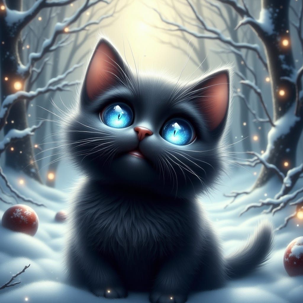 Cute Kitten in Winter Wonderland, Whimsical Art