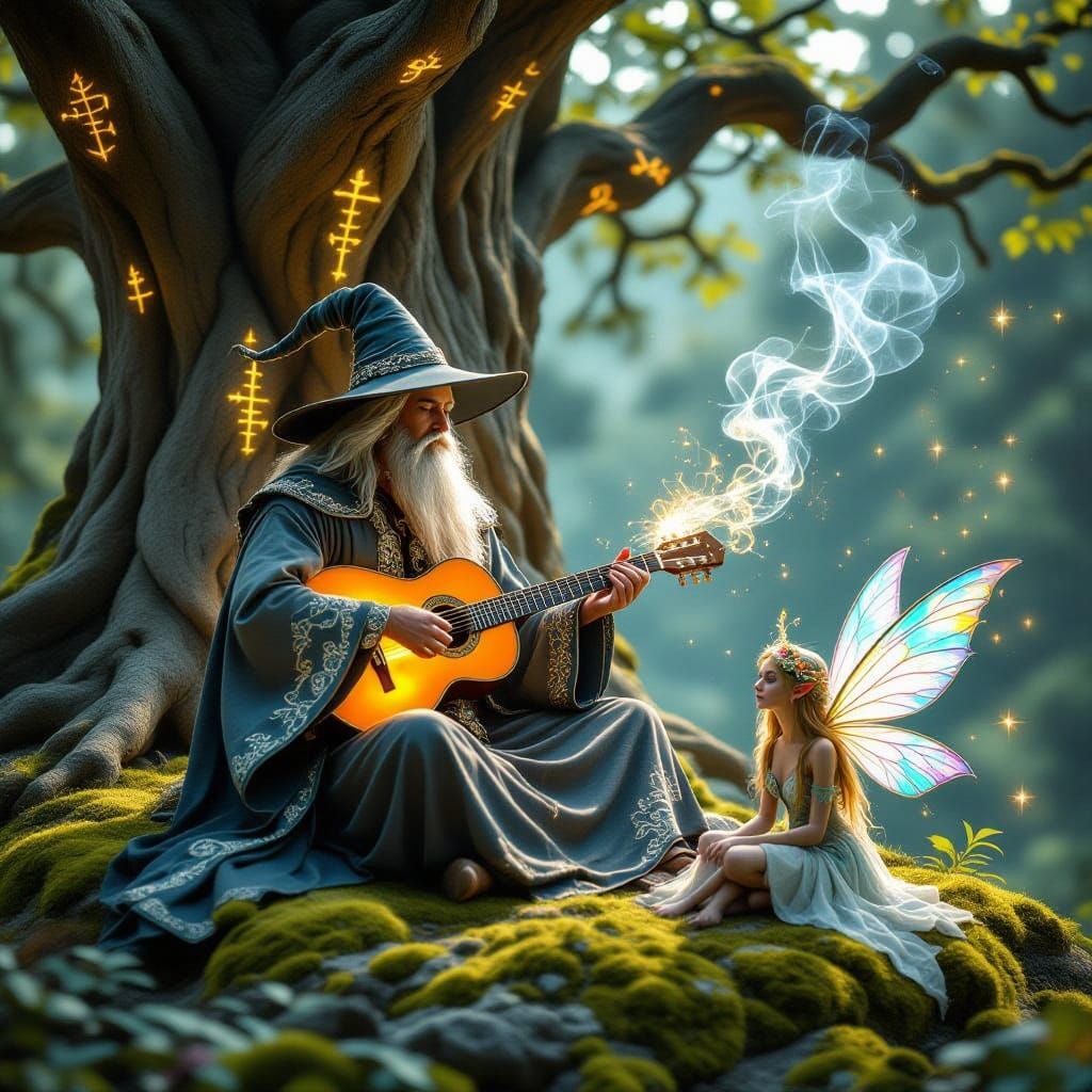 Wizard Plays Enchanted Guitar Under Ancient Tree