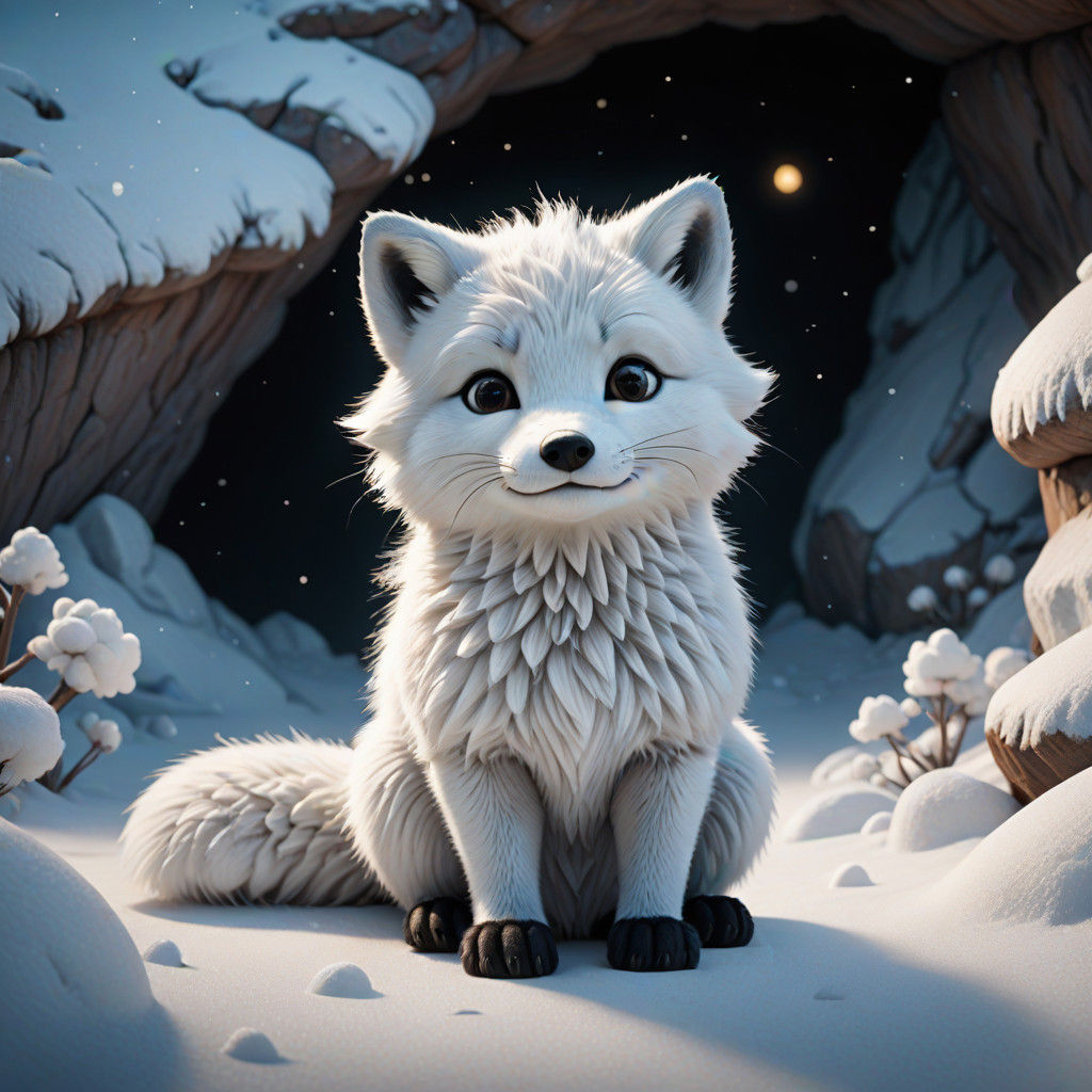 Pixar-Style Baby Arctic Fox in a Snowy Cradle
