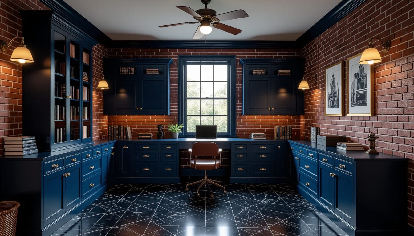 Vibrant Victorian Working Room with Dark Blue Cabinets