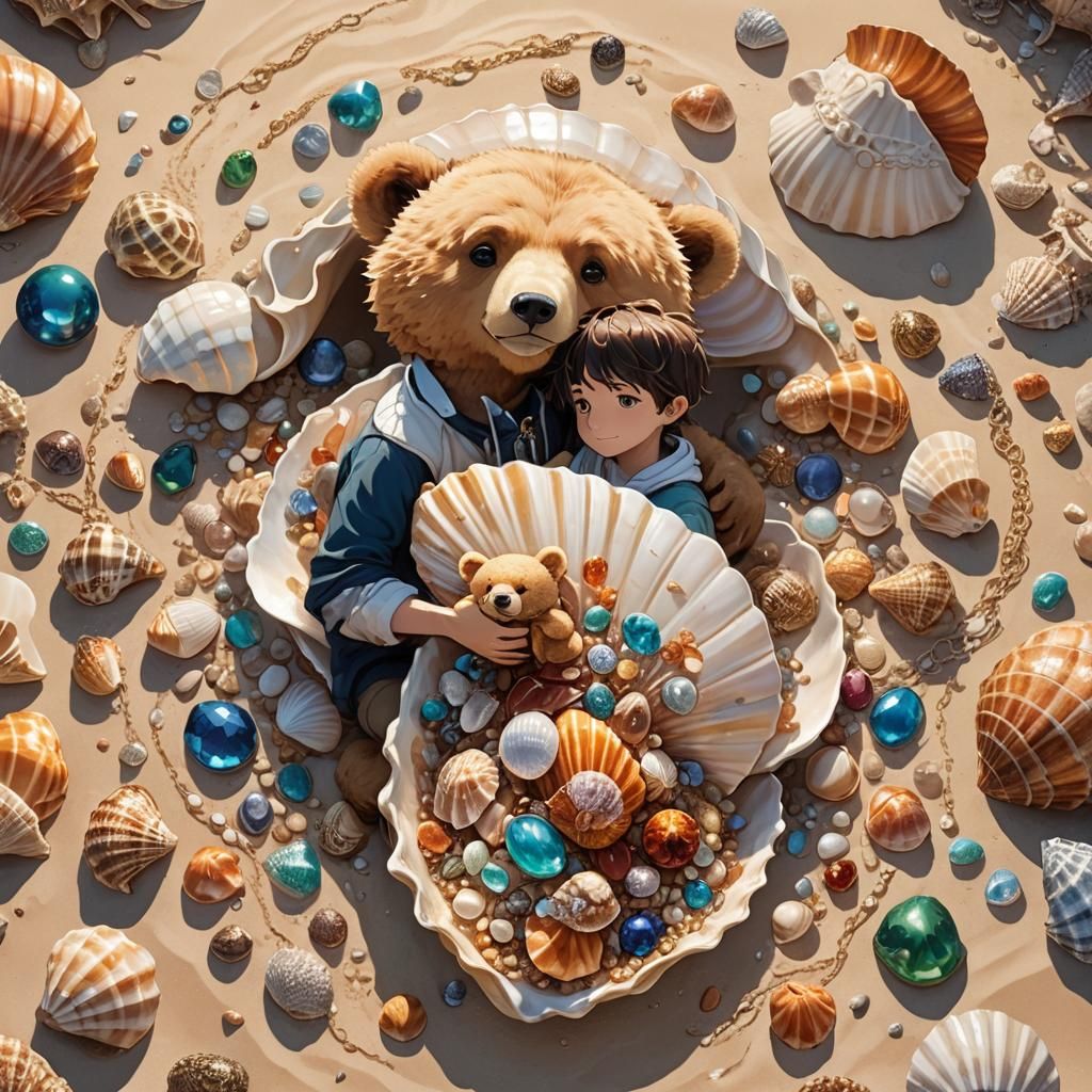 Boy and Bear in Seashell: Anime Concept Art