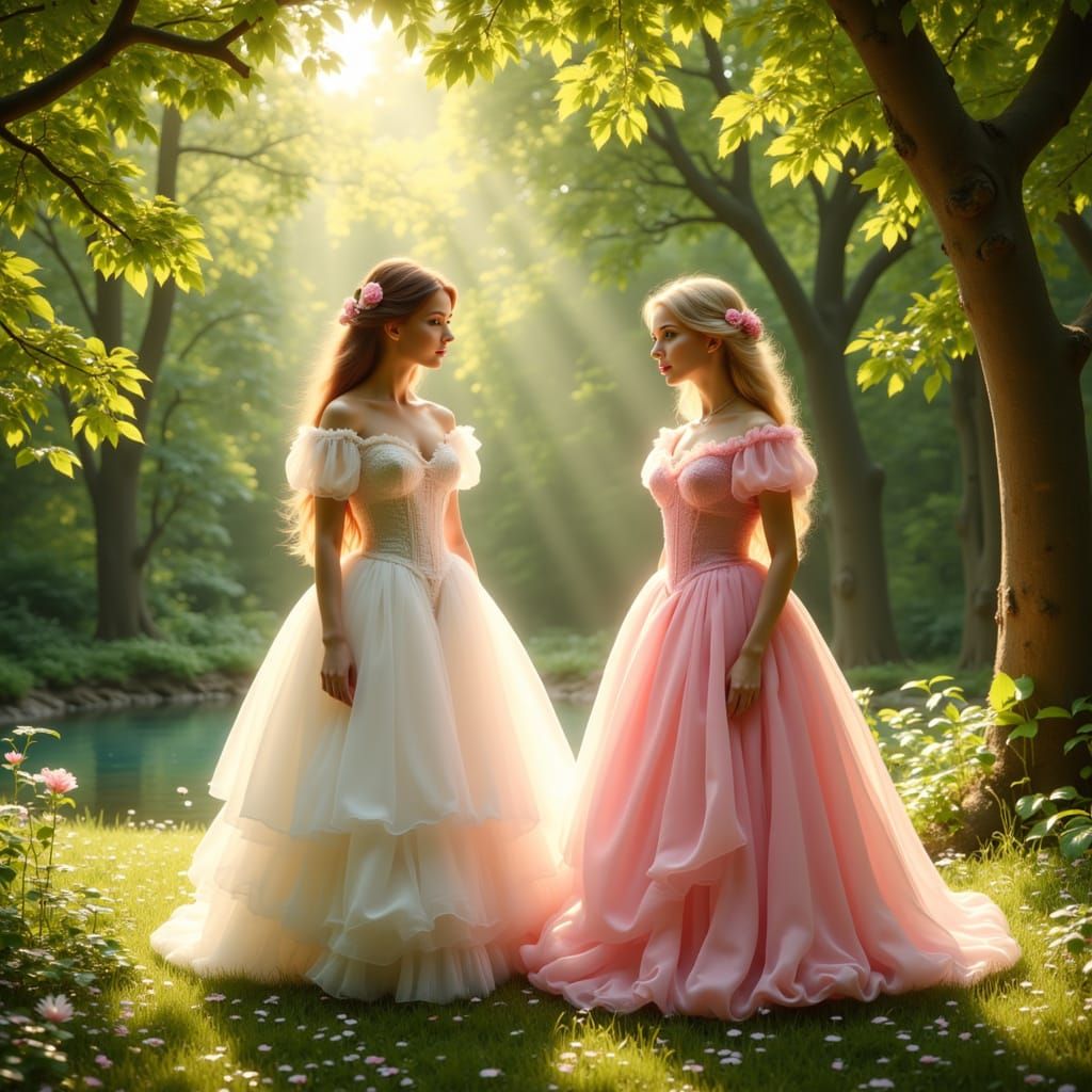 Victorian Sisters in English Park with Volumetric Light