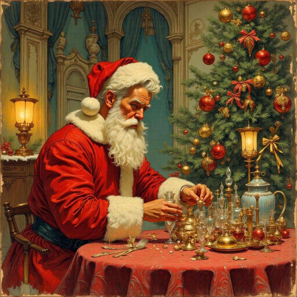 Vintage Santa Claus in Surreal Winter Parlor