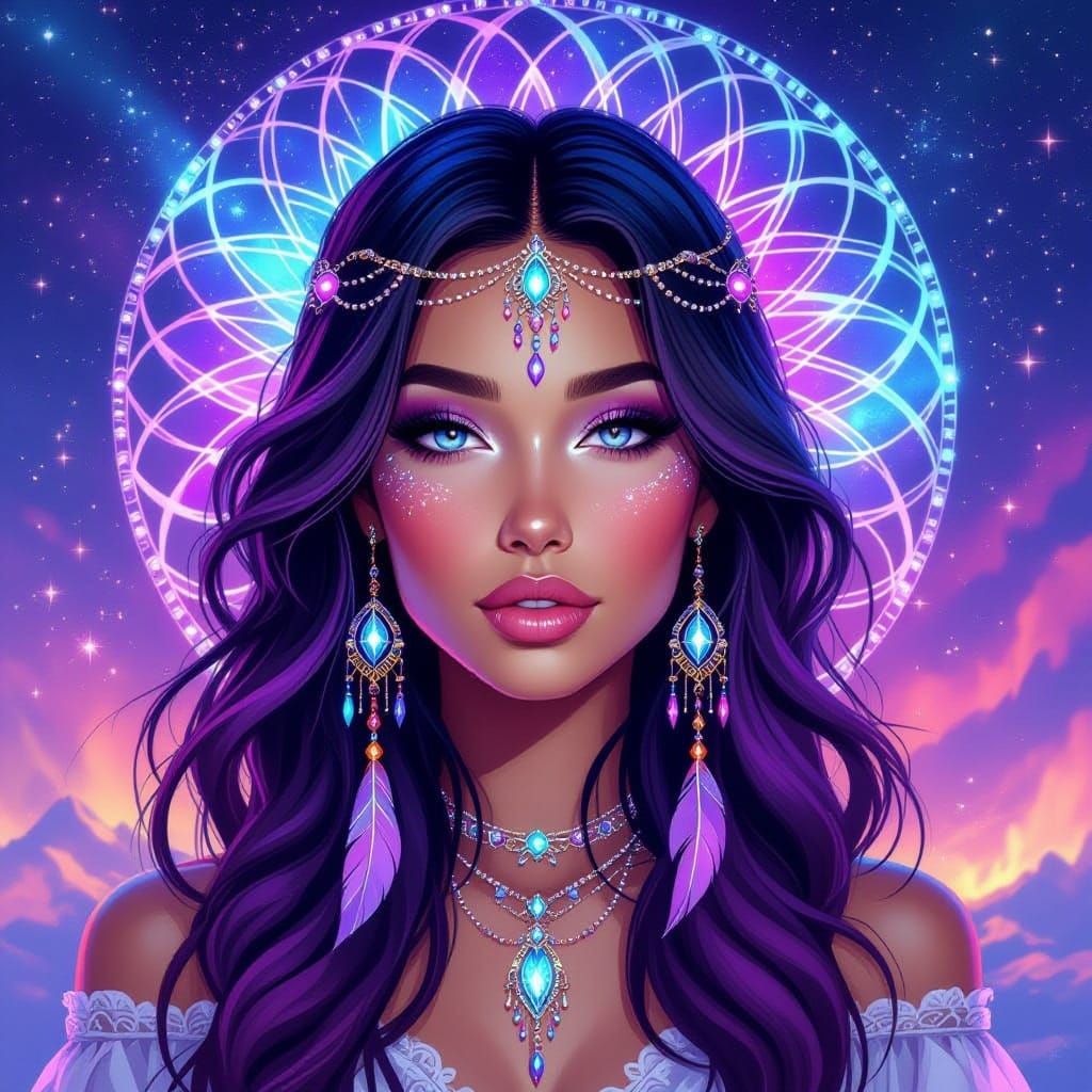 Cosmic Woman Portrait with Dream Catcher in Digital Art
