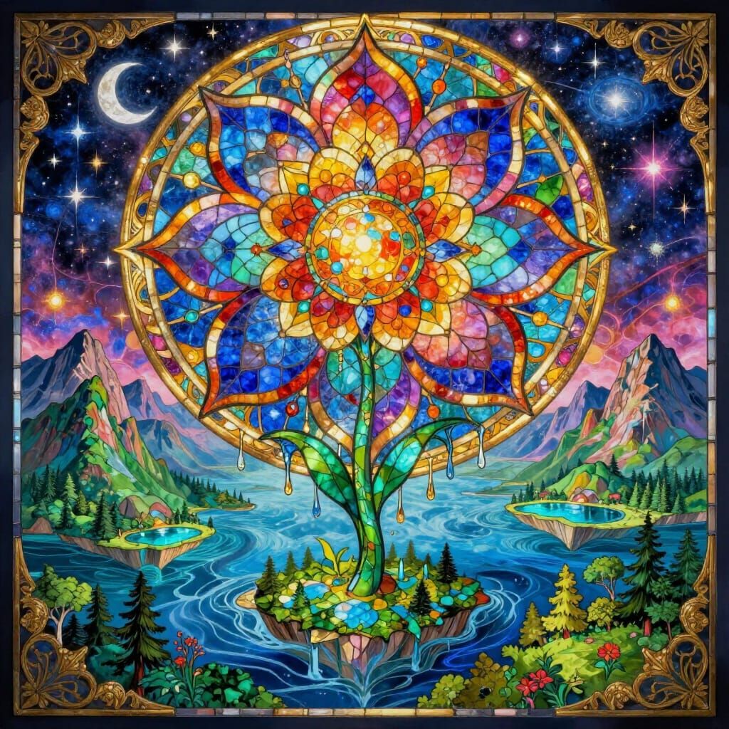 Radiant Flower of Life Stained Glass Art Nouveau Emblem