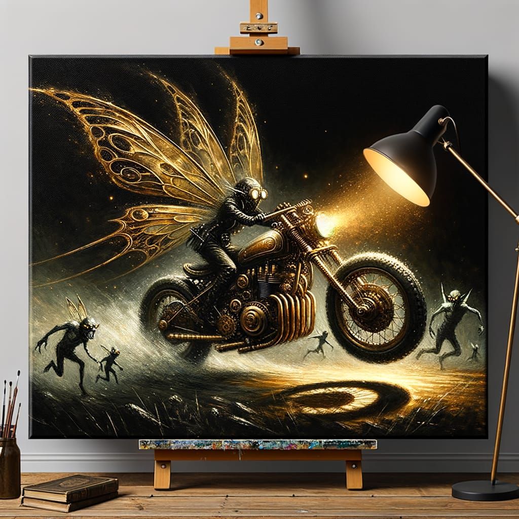 Steampunk Fairy Motorcycle Chase in Grungy Oil Painting