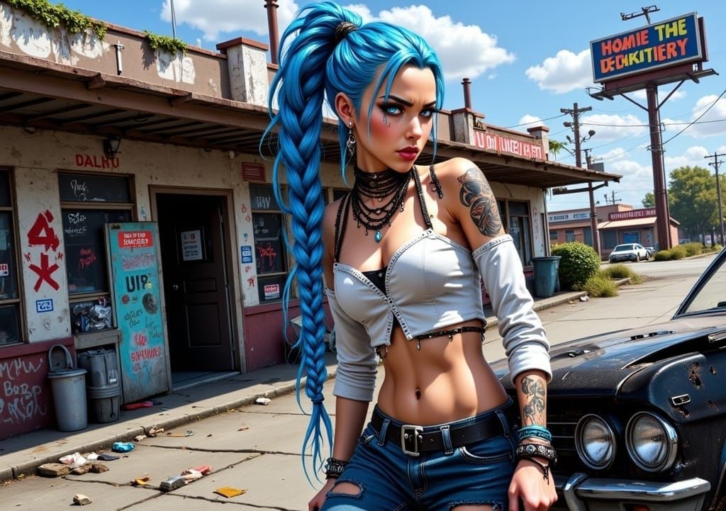 Cyberpunk Goddess Amidst Urban Decay