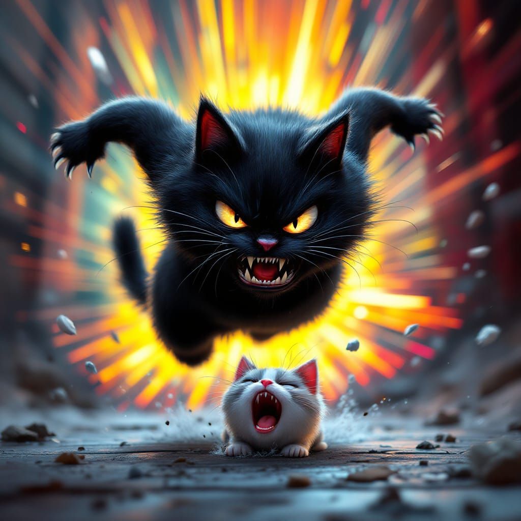 Irate Black Cat Leaping in Cartoon 3D Style
