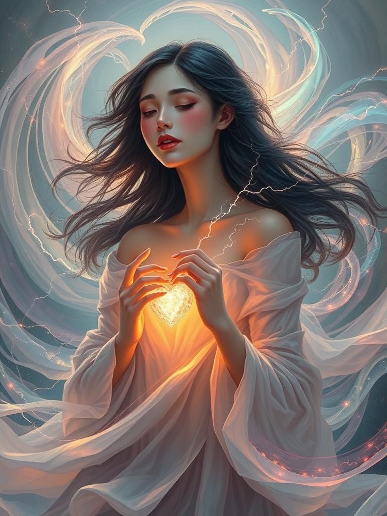 Ethereal Woman Surrounded by Iridescent Sound Waves