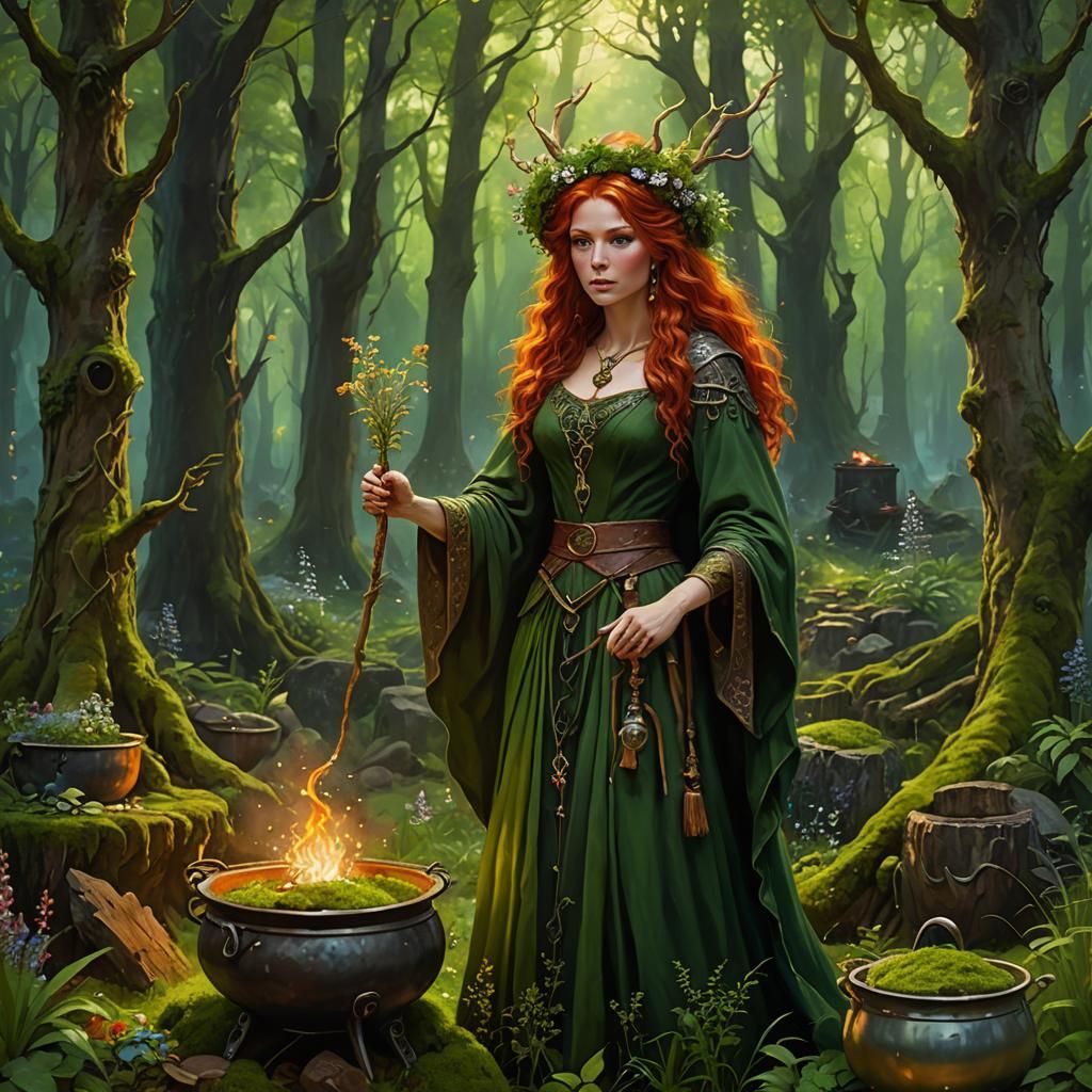 Forest Witch Portrait in Detailed Oil Painting Style